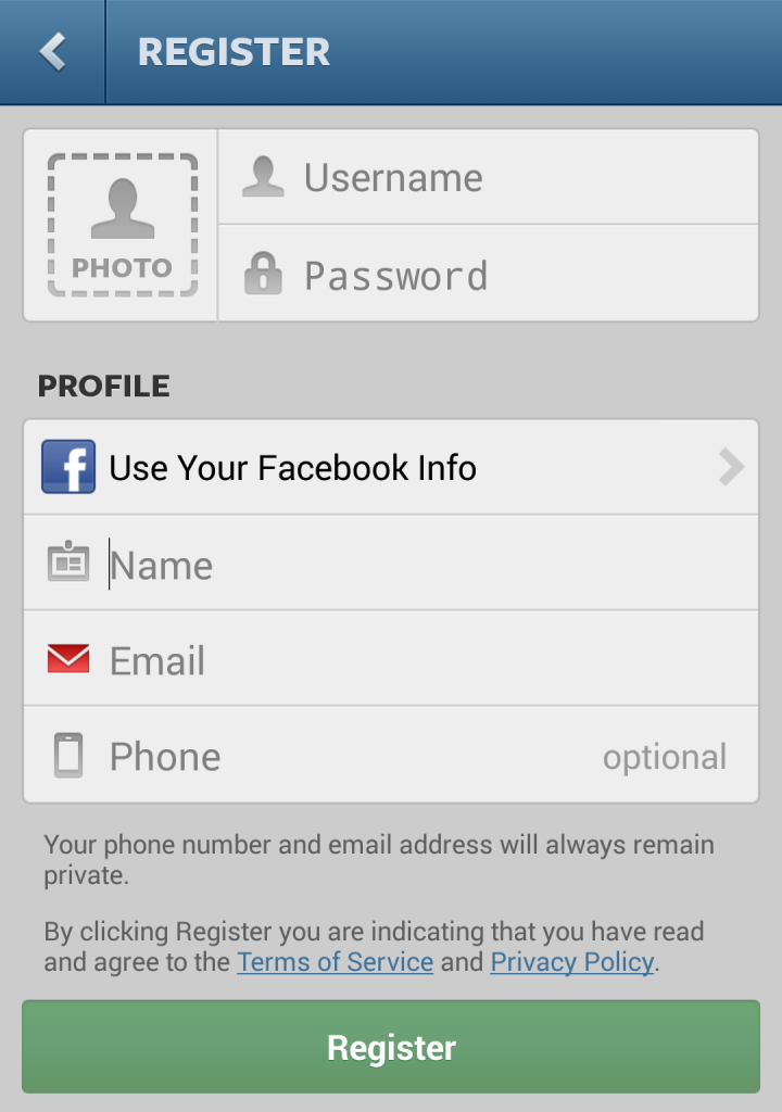 Instagram Android signup page